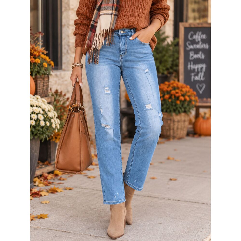 Studio Park Distressed Straight Leg Jeans Women’s Size 8 Light Wash Stretch